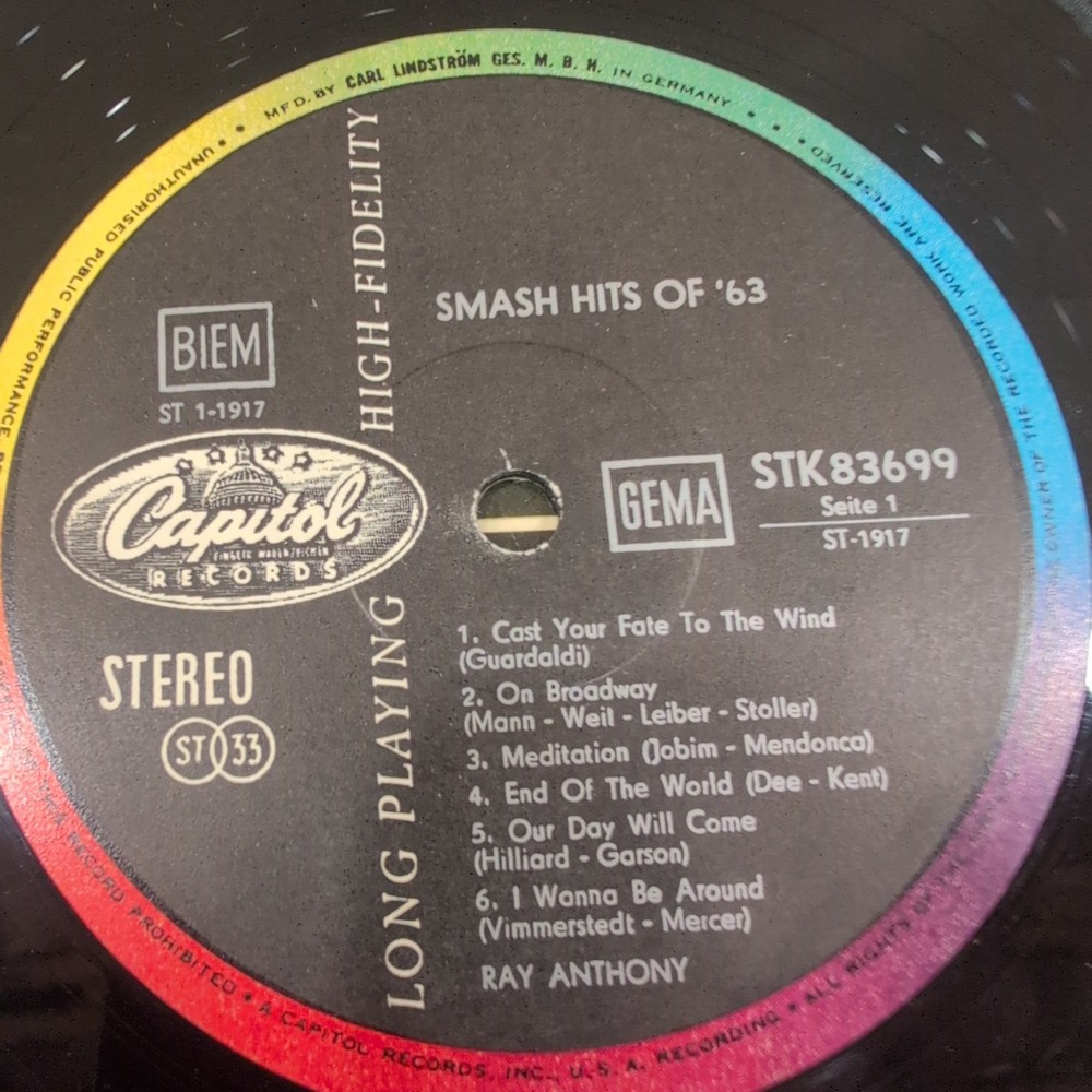 Ray Anthony Smash Hits of '63 Vinyl LP Capitol STK 83699 German Import Jazz Pop - Picture 6 of 6